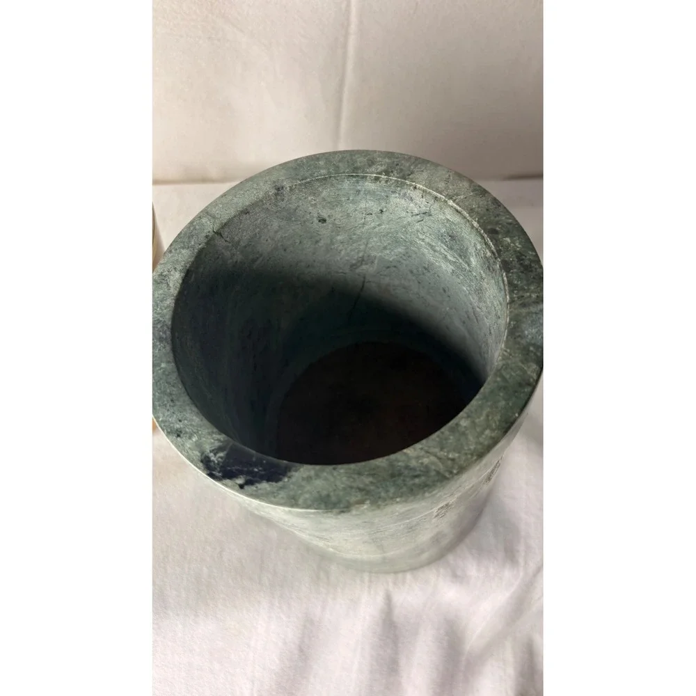 Bamboo Slanted Brush Holder and Green Stone Marble Cylinder Desk Organizer Set